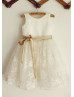 Ivory Satin Lace Knee Length Flower Girl Dress